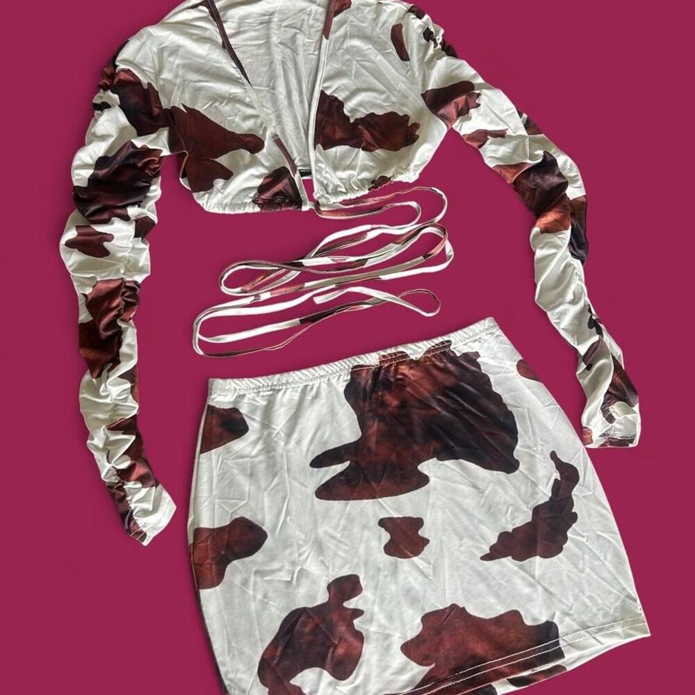Brown Cow Print Mini Skirt & Wrap Crop Top Matching 2 Piece Western Set